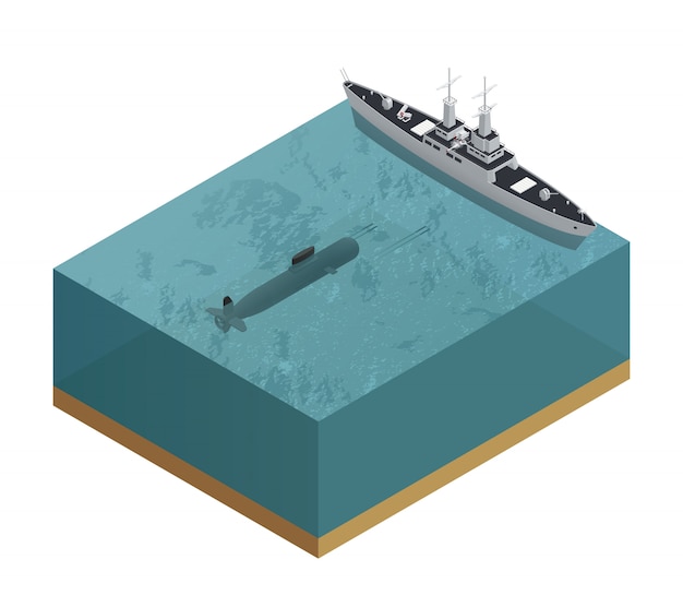 Isométrica composição de barcos militares 3d com pedaço de mar com um submarino e uma ilustração do vetor de barco Vetor grátis