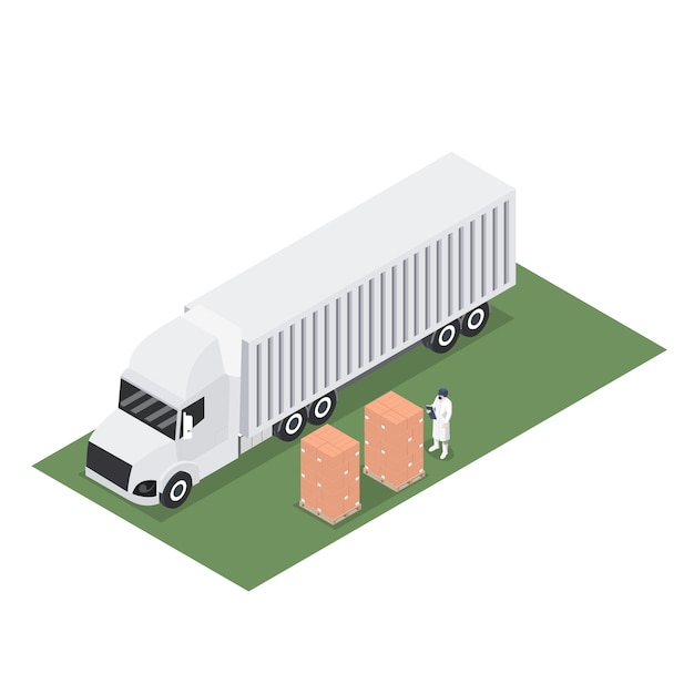 Isométrica do contêiner de reboque com remessa de paletes de exportação Vetor Premium