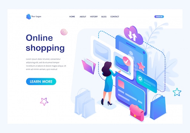 Isométrica jovem compras on-line usando o smartphone e o aplicativo móvel, pagando com cartão de crédito. Vetor Premium