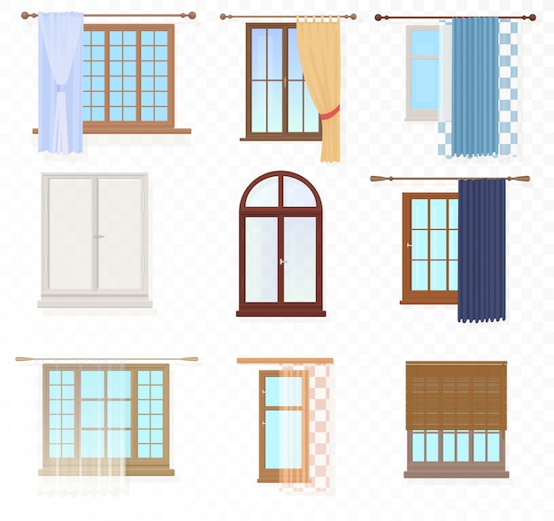 Janelas vintage com conjunto de cortinas Vetor Premium