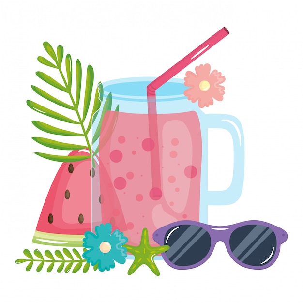 Jarra de frutas frescas de suco com palha e óculos de sol Vetor Premium