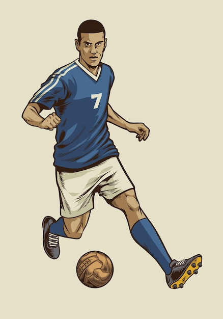 Jogador de futebol na mão, desenho estilo vintage | Vetor Premium