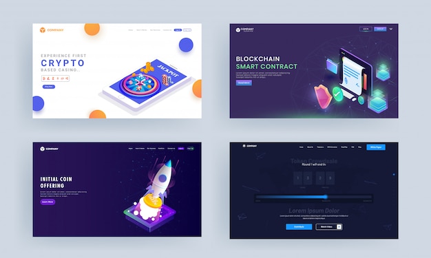 Jogo de cassino baseado em criptografia, contrato inteligente com cadeia de blocos, oferta inicial de moedas e design de página de destino baseado no conceito de crowdsale de tokens. Vetor Premium