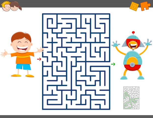 Jogo de labirinto com menino de desenho animado e robô de brinquedo Vetor Premium