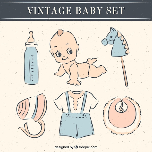 Jogo Do Vintage De Bebe E Acessorios Vetor Gratis