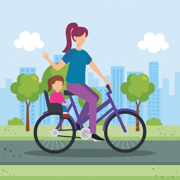 Jovem mãe em bicicleta com a filha no parque Vetor grátis