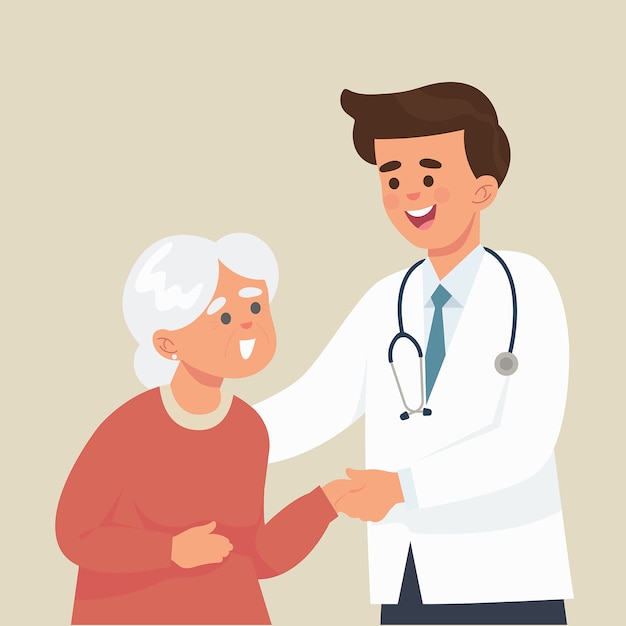 Jovem médico cuidar da velha senhora Vetor Premium