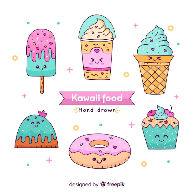 Kawaii mão desenhada coleção de comida doce | Vetor Grátis
