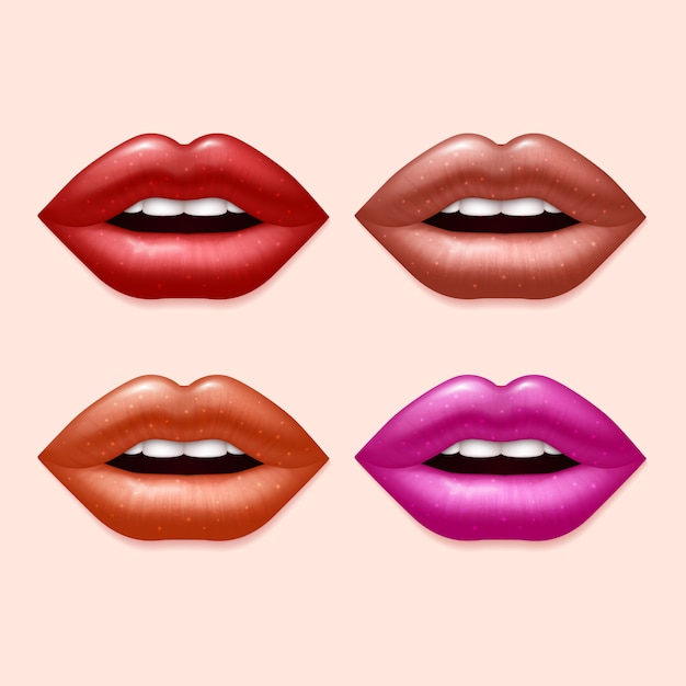 Lábios de garota com conjunto de batom colorido. beleza de lábios sensuais, ilustração de lábios humanos Vetor Premium