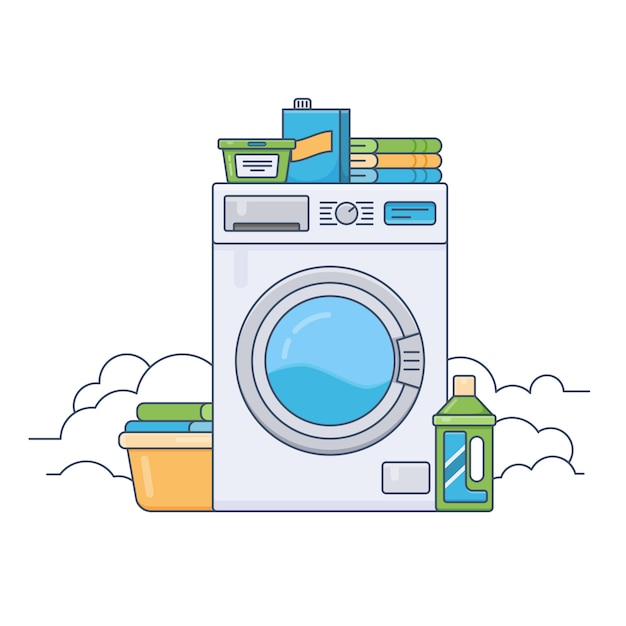 Lavanderia com máquina de lavar roupa. ilustração em vetor design plano linha fina Vetor Premium
