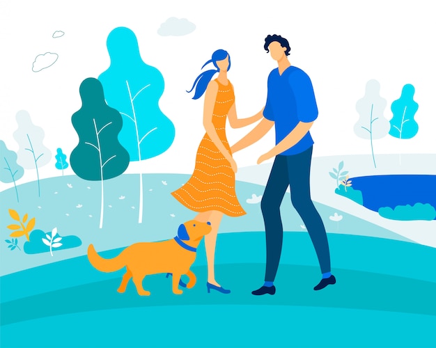 Lazer com pet, casal feliz brincando com cachorro Vetor Premium