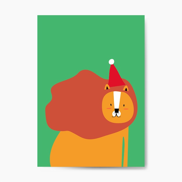 Leão usando um chapéu de natal em um vetor de estilo dos desenhos animados Vetor grátis