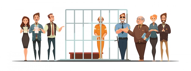 Lei e justiça cartaz retrô dos desenhos animados com anúncio de sentença e condenado atrás das grades Vetor grátis
