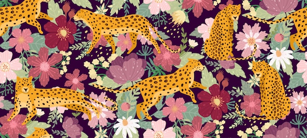 Leopardos cercados por belas flores. textura sem emenda do teste padrão do verão elegante do verão no estilo na moda. Vetor Premium