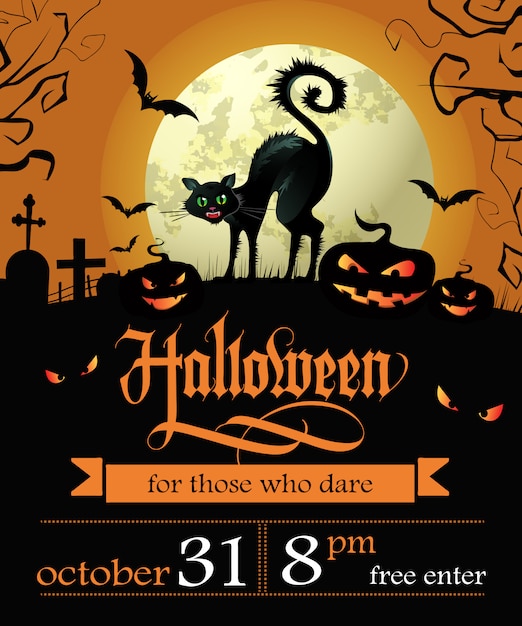 Letras de halloween com data, gato de bruxa, abóboras e lua Vetor grátis