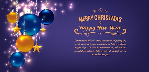 Lindo modelo de cartão de natal ou ano novo, panfleto, cartaz, convite, banner. promoção ou modelo de compras. com bolas, estrelas e copyspace. tolet Vetor Premium