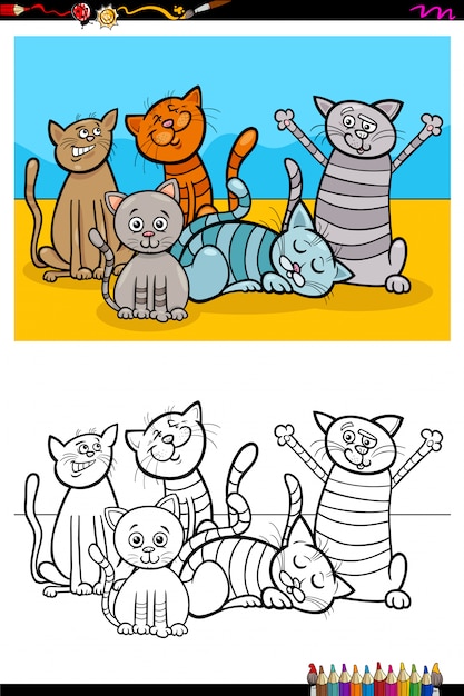 Livro de colorir de grupo de personagens animais de gatos Vetor Premium