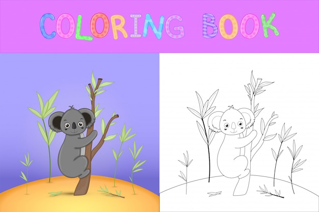 Livro de colorir infantil com animais dos desenhos animados. tarefas educacionais para crianças pré-escolares agradáveis koala Vetor Premium
