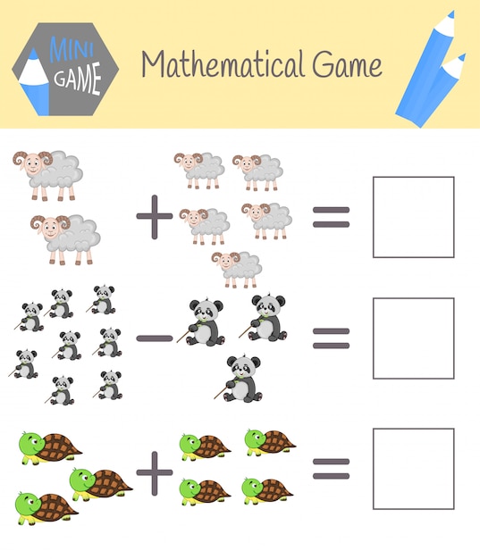 Livro de exercícios de matemática para educação pré-escolar. quebra-cabeças para crianças. aprenda a contar. resolver exemplos Vetor Premium