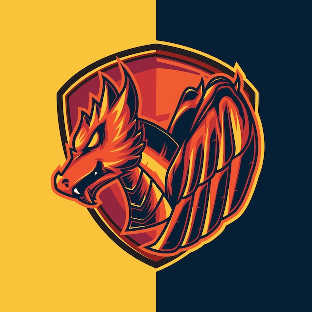 Logotipo de jogo esport com dragão vermelho e temas de escudo. vermelho claro como fogo Vetor Premium