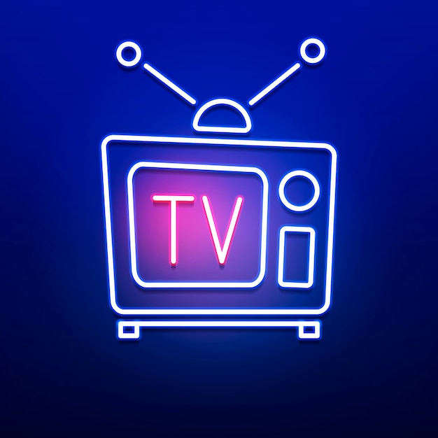 Logotipo retro neon da tevê com cor azul vermelha na parede lisa. Vetor Premium