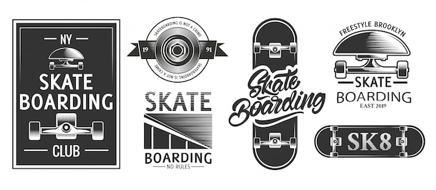 Logotipos de skate ou emblemas em estilo monocromático. Vetor Premium