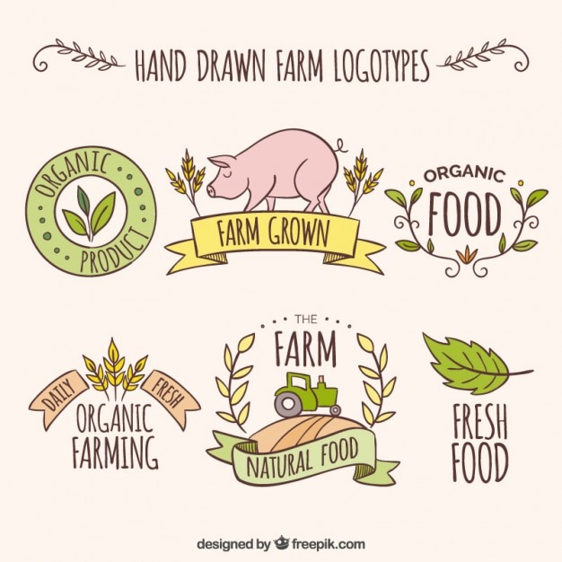 Logotipos fazenda esboços com produtos frescos Vetor grátis