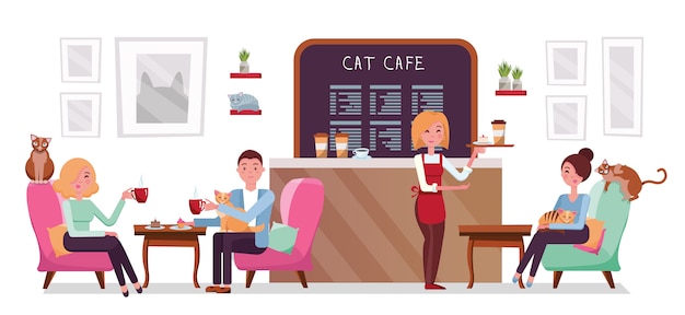 Loja do café do gato, povos únicos e pares que relaxam com gatinhos. coloque o interior para atender, tenha um descanso com animais de estimação, bandeja de garçonete com bolo e café. Vetor Premium