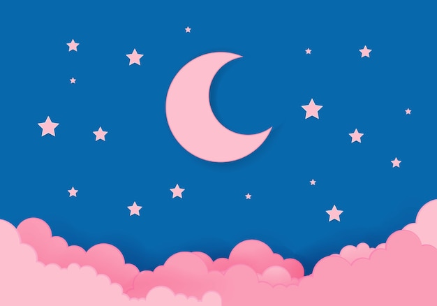 Lua rosa e estrelas à meia-noite Vetor Premium