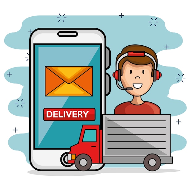 Man icon serviço de call center com caminhão de entrega e smartphone Vetor Premium
