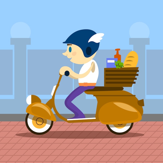 Man ride motorcycle scooter delivery service retro Vetor Premium