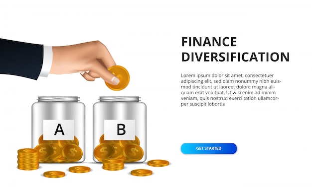 Mão colocar moeda de ouro na garrafa de vidro para financiar o investimento de lucro de diversificação Vetor Premium