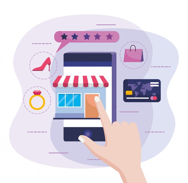 Mão com smartphone e venda no mercado on-line com cartão de crédito Vetor Premium