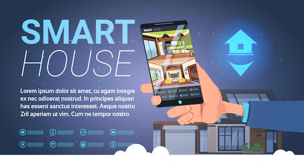 Mão de casa inteligente segurando o smartphone com aplicação de controle, moderna tecnologia de automação residencial Vetor Premium