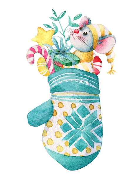 Mão desenhada aquarela ilustração de natal do mouse na luva com decorações Vetor Premium