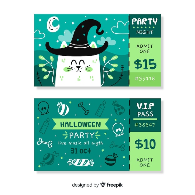 Mão desenhada bilhetes de halloween com gato usando um chapéu Vetor grátis