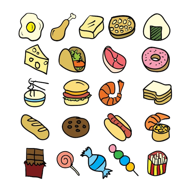 Mão Desenhada Doodle Alimentos Icon Set Vector Illustration Vetor Premium 7189