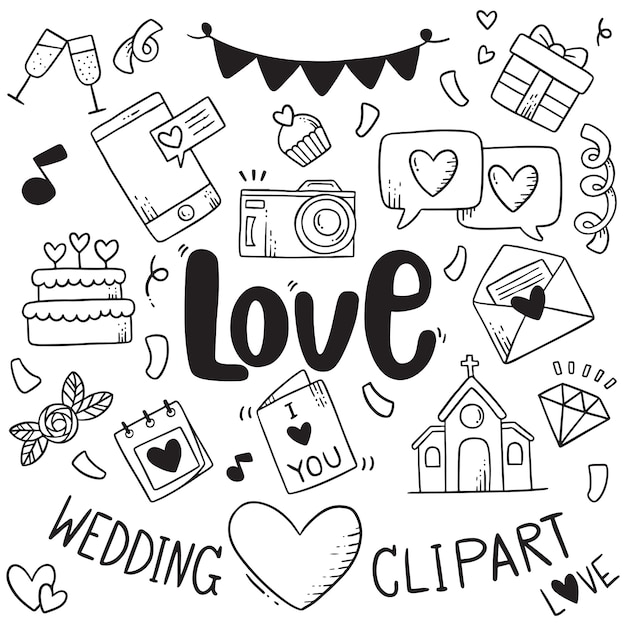 Mão desenhada festa doodles elemento de fundo de elemento de casamento elemento Vetor Premium