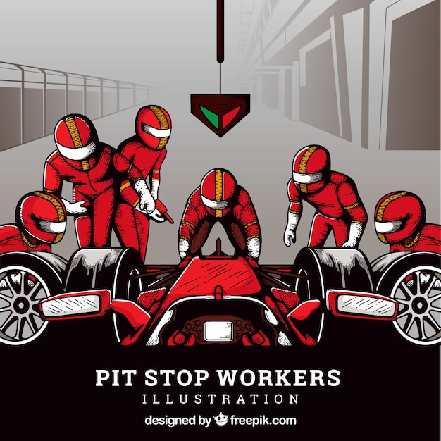 Mão desenhada fórmula 1 trabalhadores de pit stop Vetor grátis