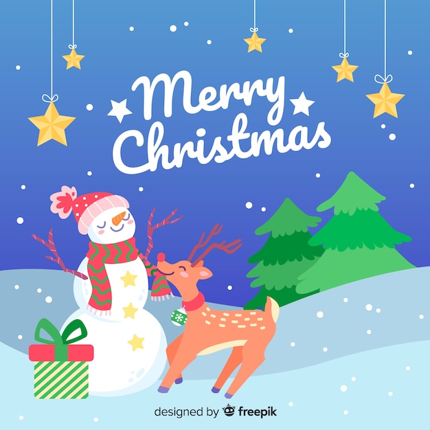 Mão desenhada fundo de natal com boneco de neve e renas Vetor grátis