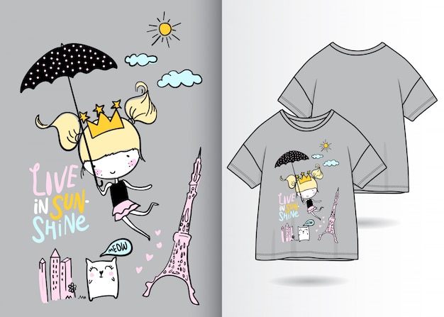 Mão desenhada linda garota ilustração com design de camisa de t Vetor Premium