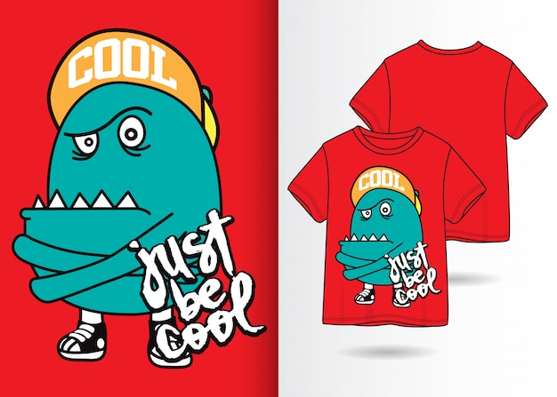 Mão desenhada monstro bonito ilustração com design de camisa de t Vetor Premium