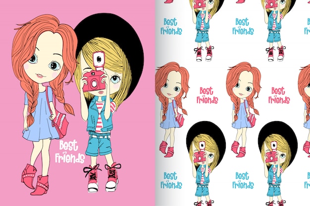 Mão desenhadas meninas com padrão vector set Vetor Premium