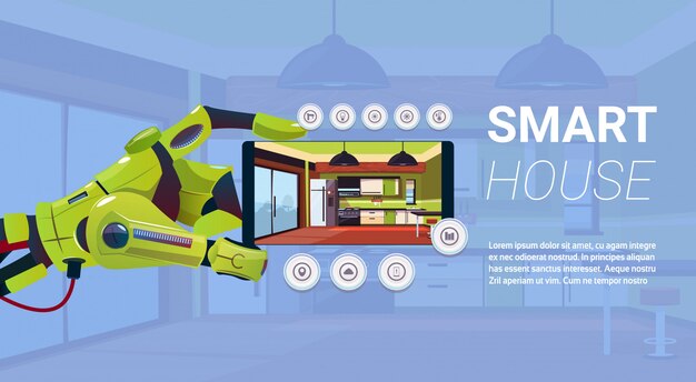 Mão robótico que guarda o smartphone com relação de controle esperta da casa, tecnologia moderna do conceito da domótica Vetor Premium