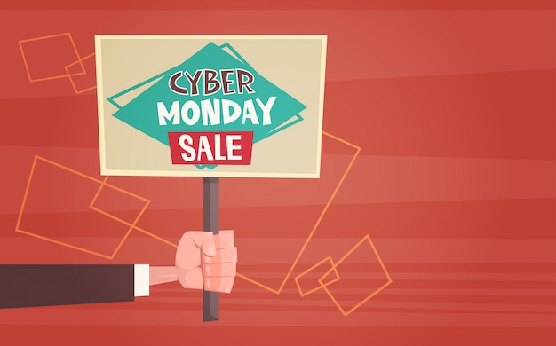 Mão segurando banner com texto cyber segunda-feira venda ofertas design on-line Vetor Premium