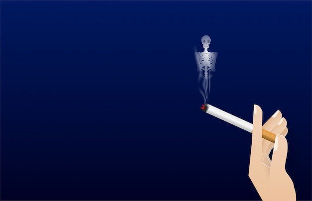Mão segurando um cigarro. fumaça para vector osso ilustração do conceito não fumar mundo dia. nenhum dia de tabaco Vetor Premium