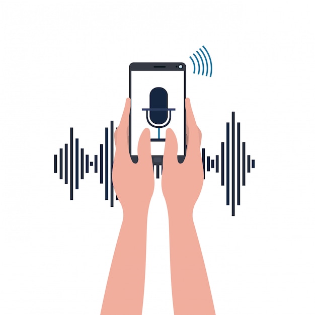 Mãos com assistente de smartphone e voz Vetor Premium