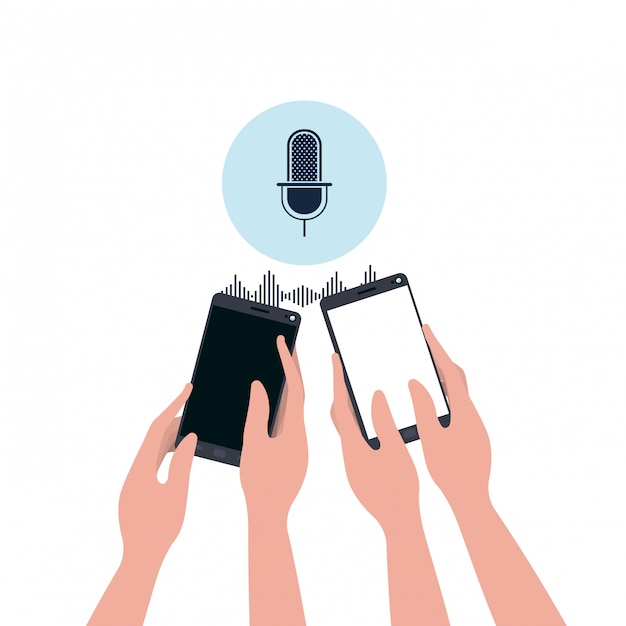 Mãos com assistente de smartphone e voz Vetor Premium