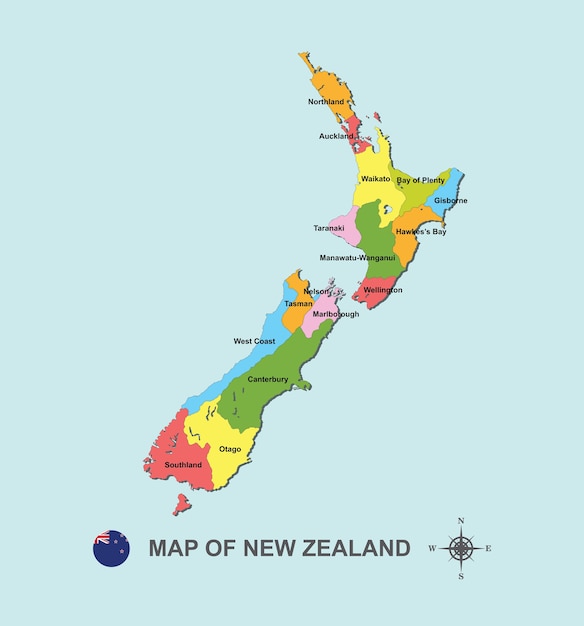 Mapa colorido da nova zelândia com capital no fundo azul ...
