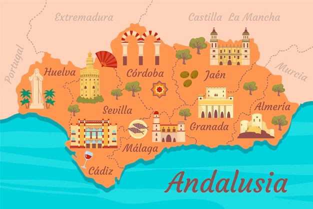 mapa da andaluzia com pontos de referência vetor grátis